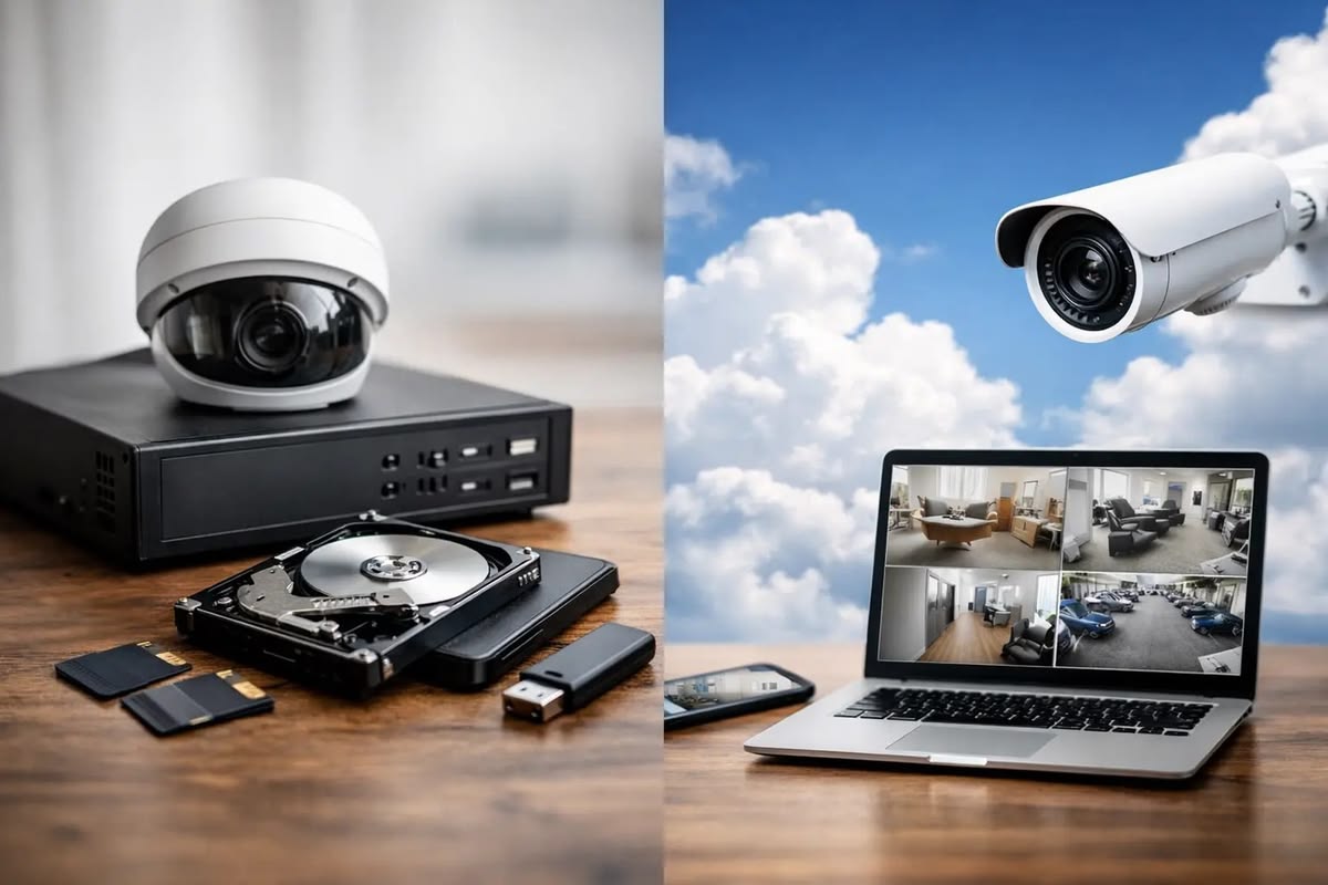 Disco duro de grabador de videovigilancia instalado junto a una cámara en un rack de pared