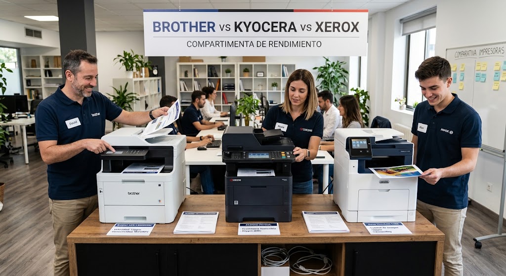 Comparativa de impresoras empresariales Brother, Kyocera y Xerox en oficina