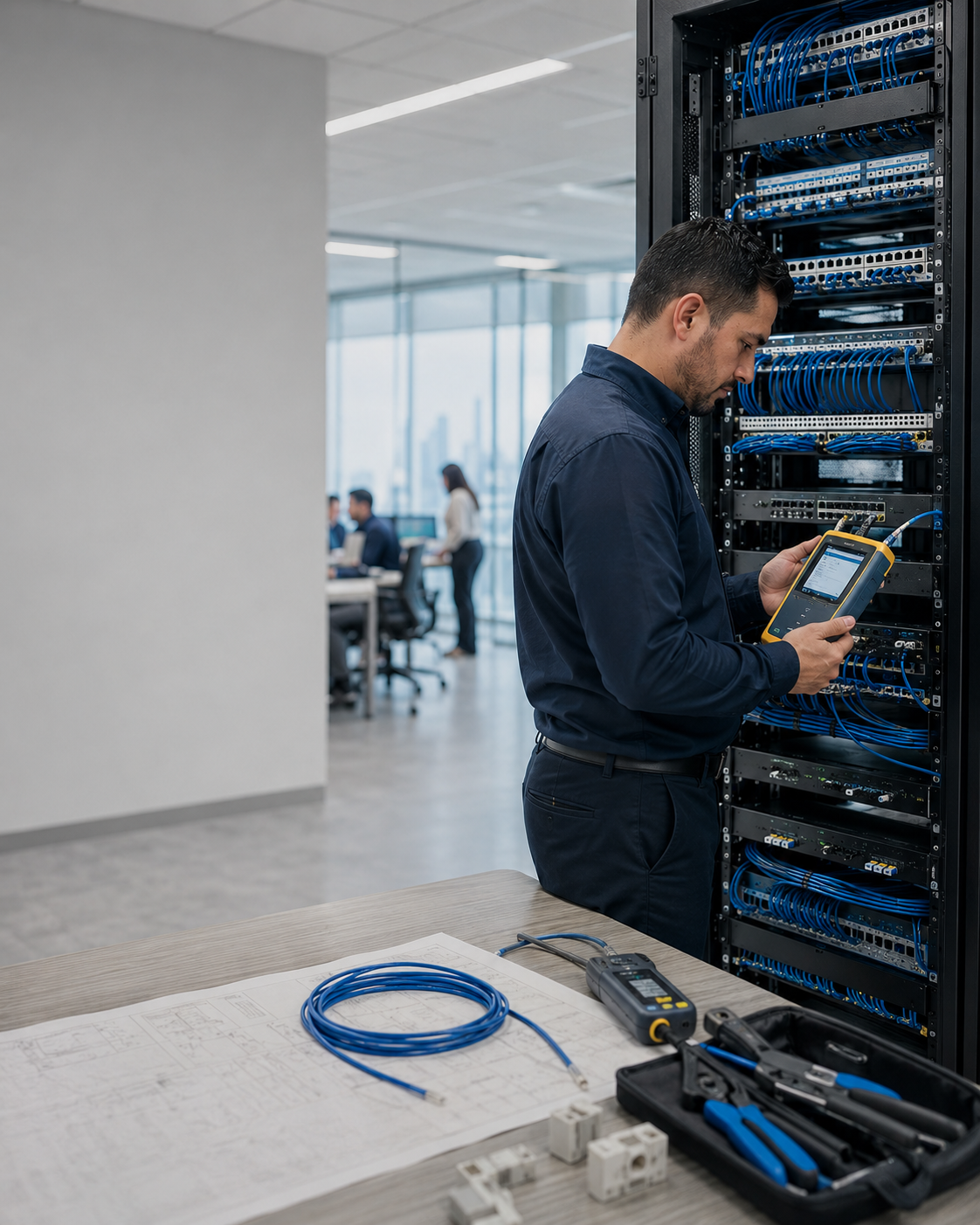 Certificación de cableado estructurado con tester Fluke en rack de telecomunicaciones