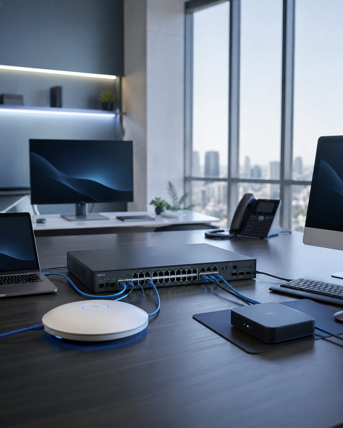 Switch de red empresarial Cisco y Mikrotik en rack de comunicaciones