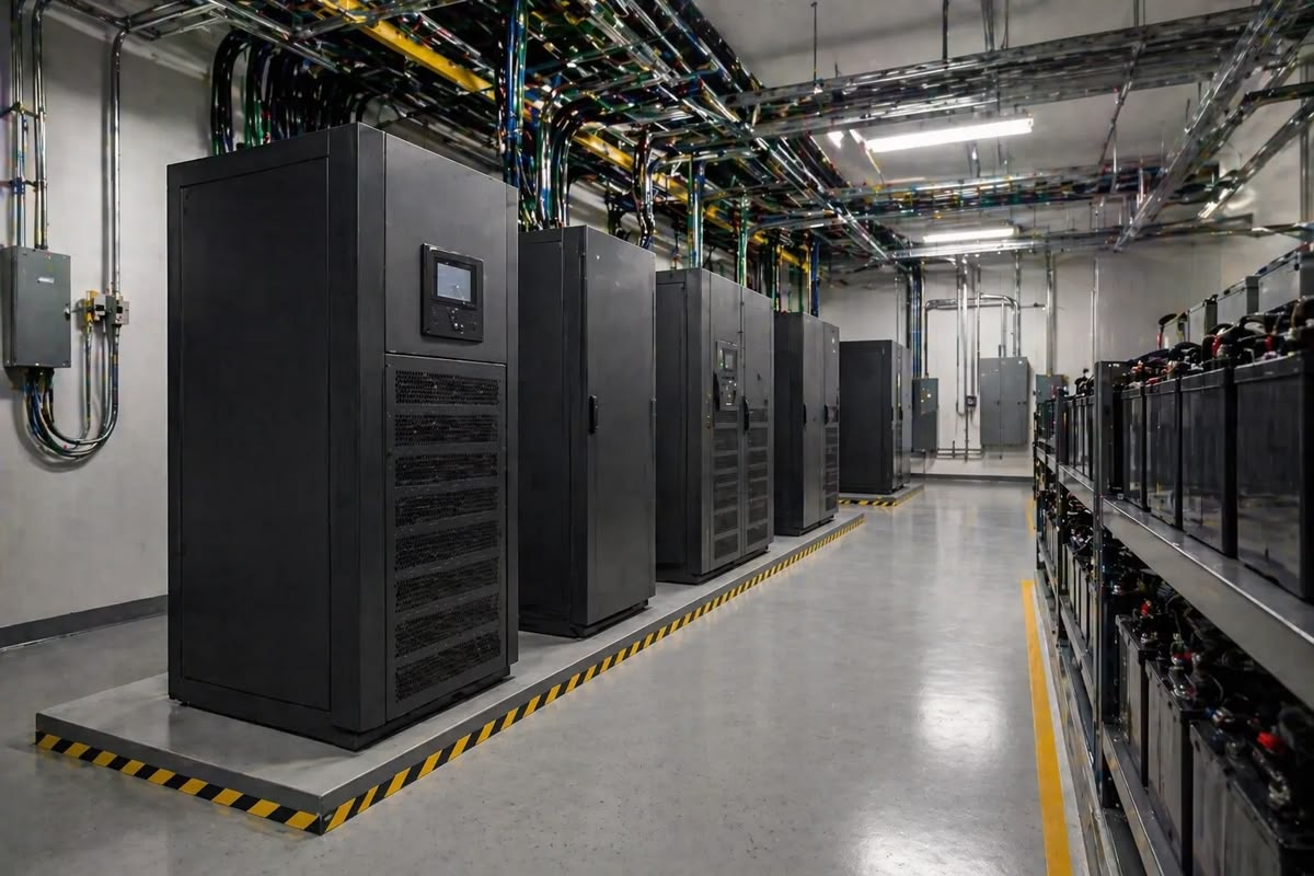 UPS conectado a una computadora de escritorio junto a un rack de red en una oficina