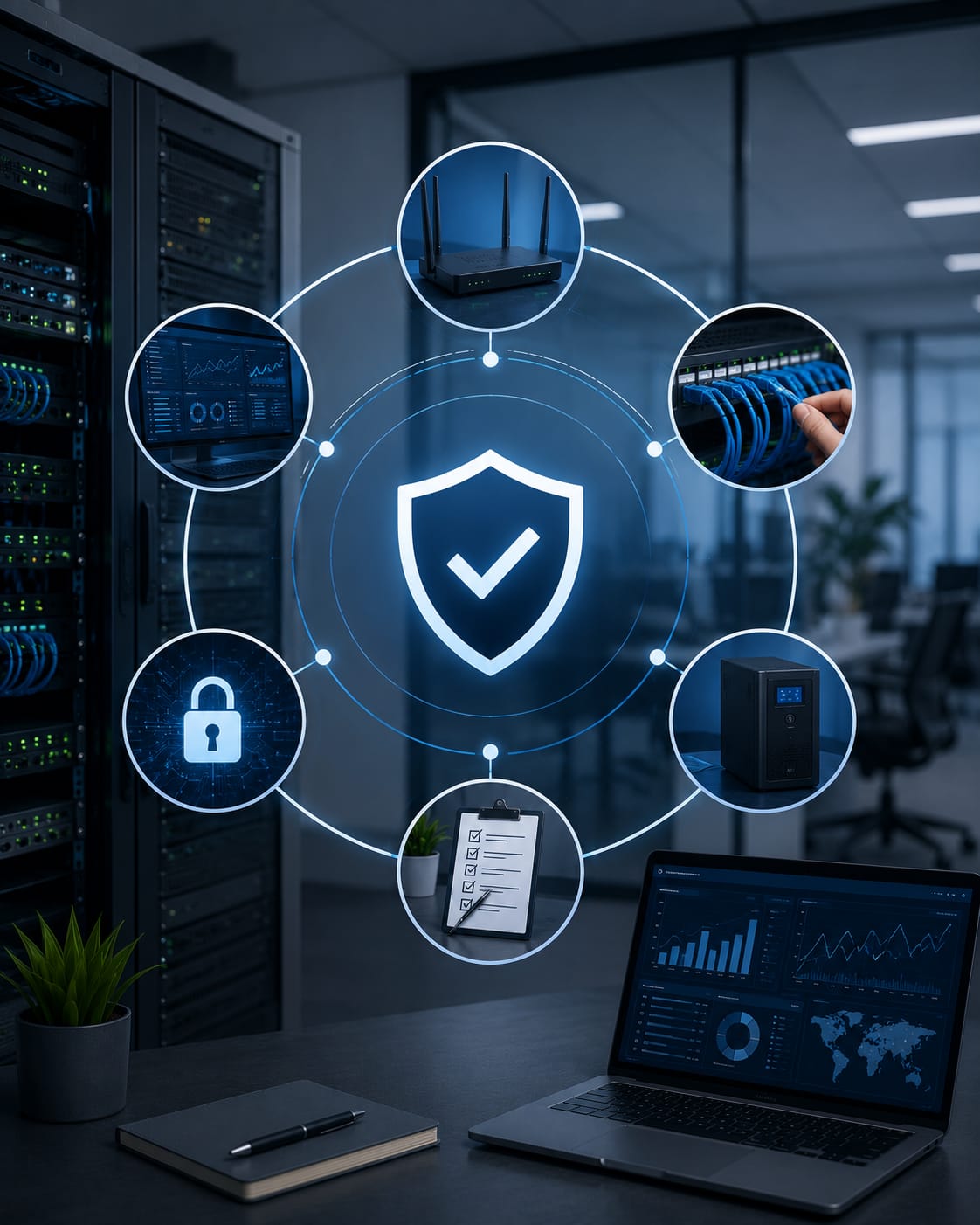 Prevención de caídas de red empresarial con switches, UPS y monitoreo