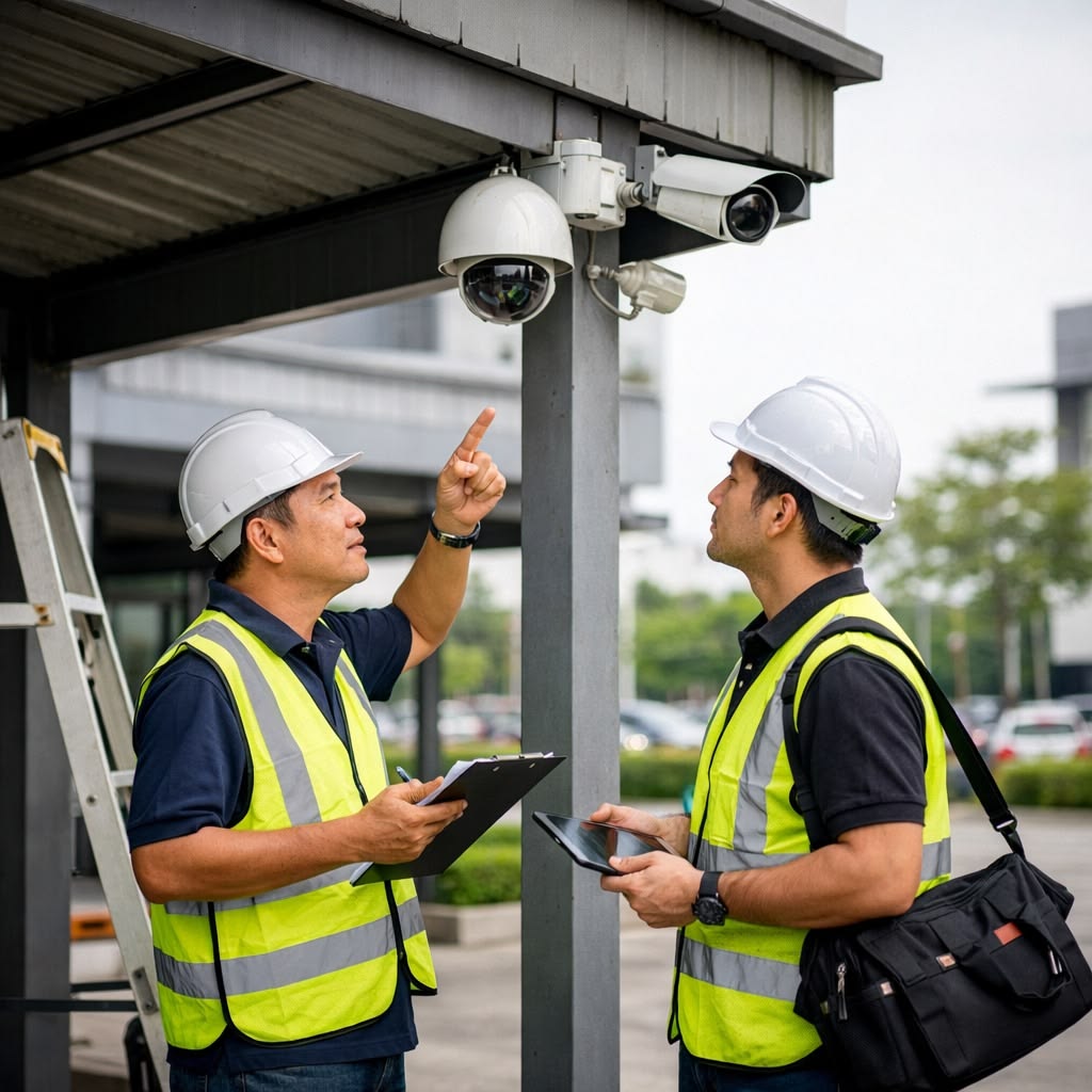 Técnico limpiando el lente de una cámara de videovigilancia instalada en el techo de un pasillo