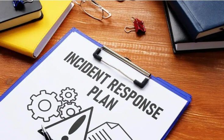 Mesa de trabajo con una computadora que muestra el diagrama de un incidente de seguridad y la lista de responsables