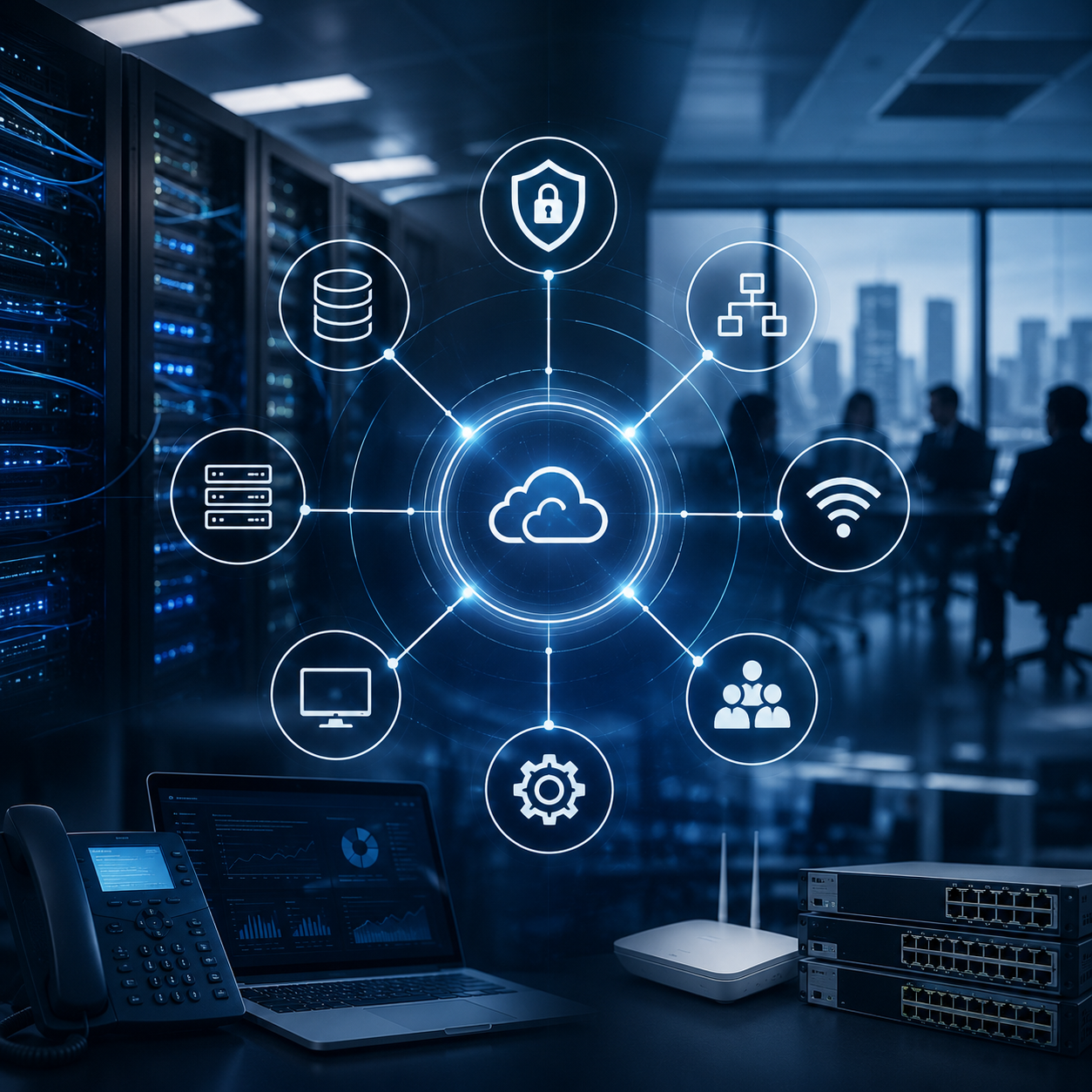 Servidores y switches de red en rack de centro de datos empresarial