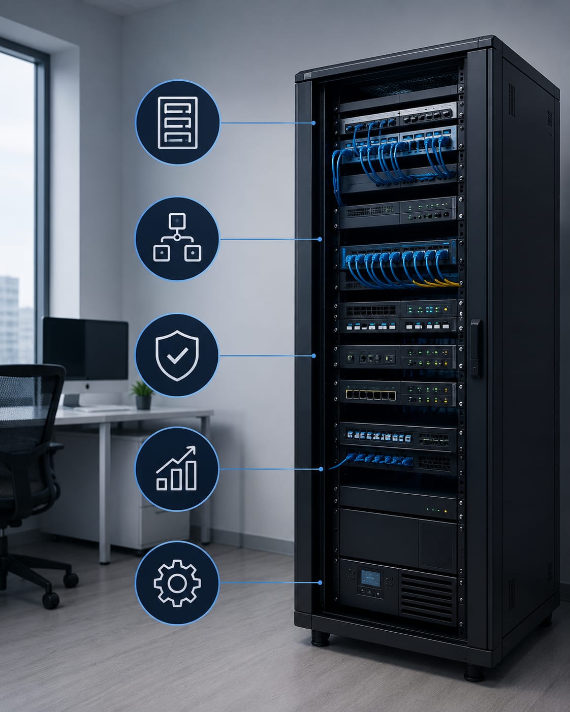 Rack de telecomunicaciones con switches y patch panel en cuarto de red