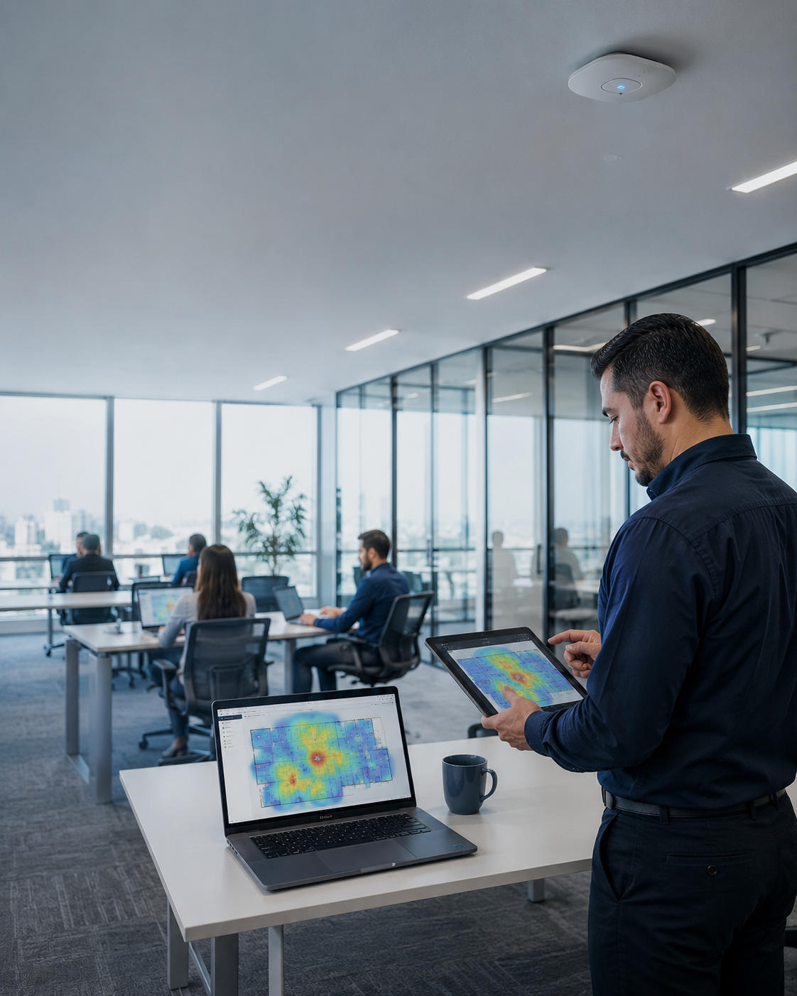 Access points de Wi-Fi empresarial en techo de oficina