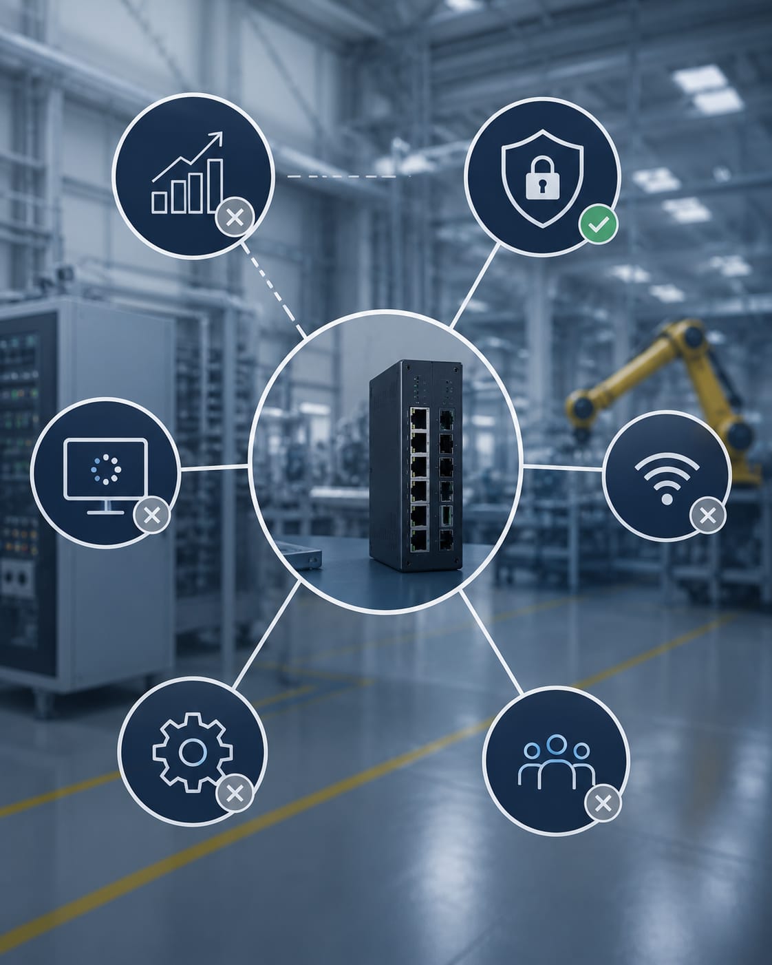Red empresarial en planta industrial con gabinetes, cableado y monitoreo