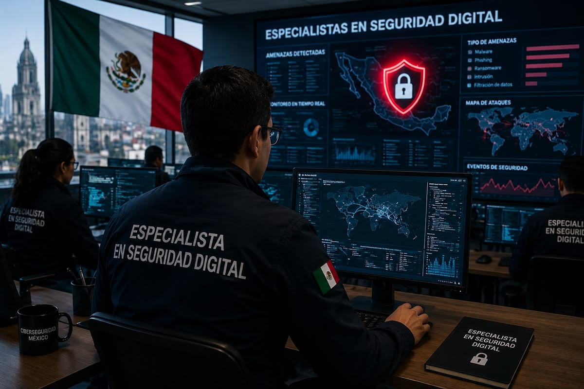 Señalización de aviso de videovigilancia instalada en la entrada de una oficina en México